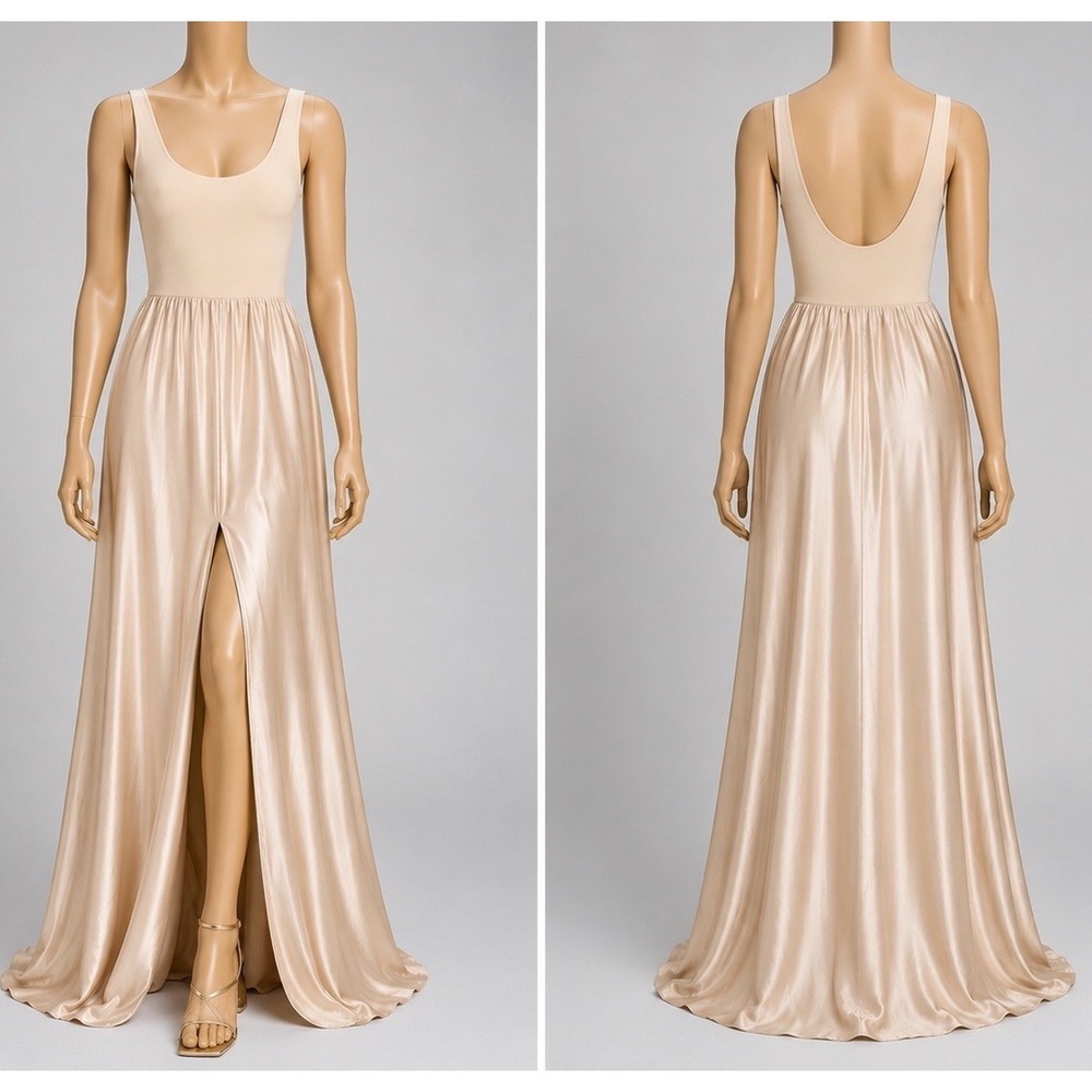 Show Me Your Mumu Harper Maxi Dress Womens Large Champagne Luxe Satin Side Slit